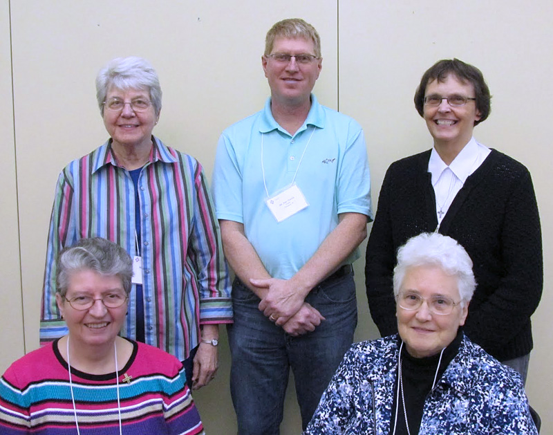 Above: The NRRO’s newest volunteer consultants are: (standing, from left) Sister Margaret Wick, OSF; Mr. Alan Stache; Sister Joyce Lehman, CPPS; (seated, from left) Sister Marie Verrilli, SND; Sister Fran Moore, CDP.